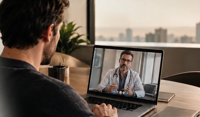 Paciente em consulta por vídeo com o médico